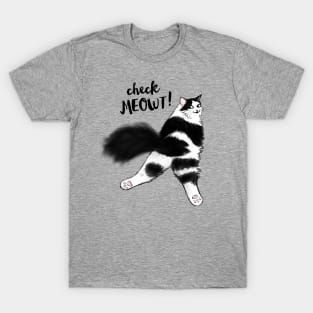 Check Meowt! Funny Cat Sploot | Black and White Cat T-Shirt